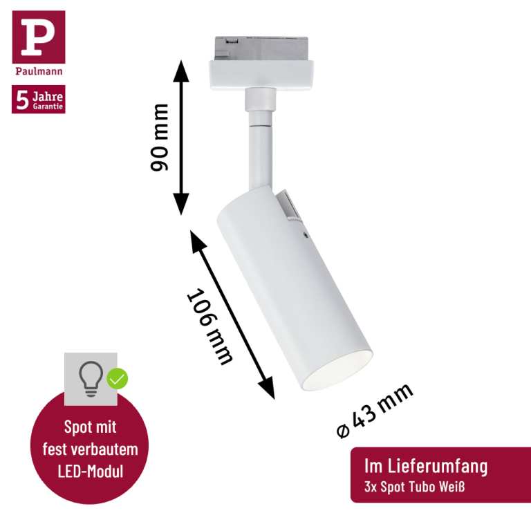 Paulmann URail LED Schienensystem Basis-Set Tubo Weiß + 3 Spots