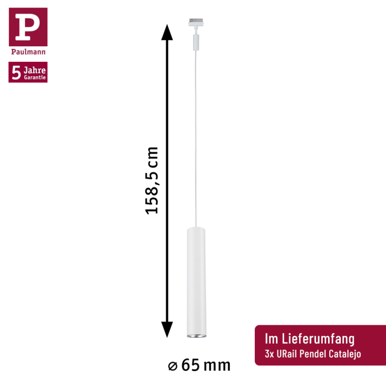 Paulmann URail Pendelleuchten-Set Catalejo Weiß Bundle-Set mit 1x 2m Schiene + 3x GU10 Leuchtmittel