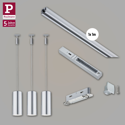 Paulmann URail Schienensystem Set Barrel Chrom matt + 3x Pendelleuchte + 1m Stromschiene
