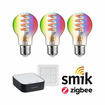 Paulmann Preisattraktives Starterset Smart Home Zigbee 3.0 LED Birne Gateway + Filament 230V LED Birne E27 RGBW + Schalter