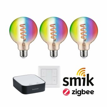 Paulmann Preisattraktives Starterset Smart Home Zigbee 3.0 LED Birne Filament G95 RGBW + Gateway + Schalter