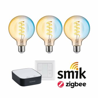 Paulmann Preisattraktives Starterset Zigbee 3.0 Smart Home smik Gateway + LED Birne Filament G95 Tunable White + Schalter