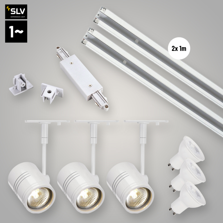 SLV LED 1-Phasen Hochvolt Schienensystem Set weiß mit 3x BIMA I Spot + 2x 1m Stromschiene