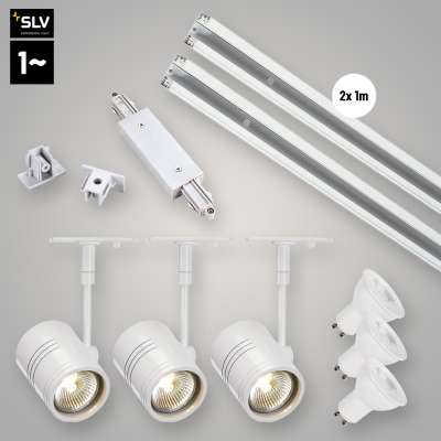 SLV LED 1-Phasen Hochvolt Schienensystem Set weiß mit 3x BIMA I Spot + 2x 1m Stromschiene