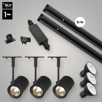 SLV LED 1-Phasen Hochvolt Schienensystem Set schwarz mit 3x BIMA I Spot + 2x 1m Stromschiene