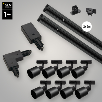 SLV 1-Phasen Hochvolt-Schienensystem Set schwarz mit 8x Puri Track Spot + 2x 2m Stromschiene