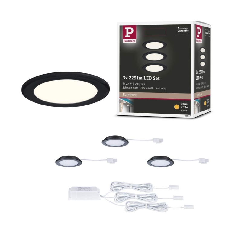 Paulmann LED Möbeleinbauleuchten 3er-Set  rund 65mm 3x2,5W 3x180lm 230/12V  3000K Schwarz matt