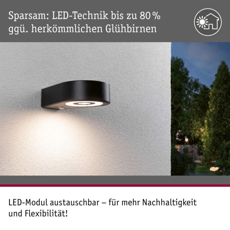 Paulmann LED Außenwandleuchte Silma Bewegungsmelder  IP44  65x186mm 3000K 5,5 / 1x0,7W 600lm 230V  Anthrazit Aluminium