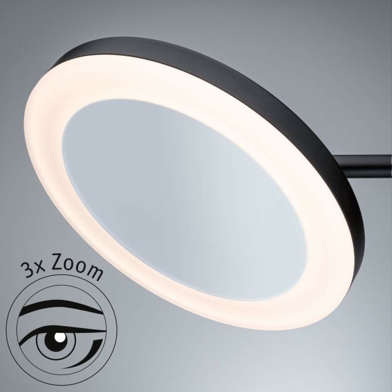 Paulmann LED Kosmetikspiegel Masua mit White-Switch Funktion 1,2m Spiralkabel mit Stecker ausziehbarer Arm IP44 55lm 230V 4W Schwarz matt