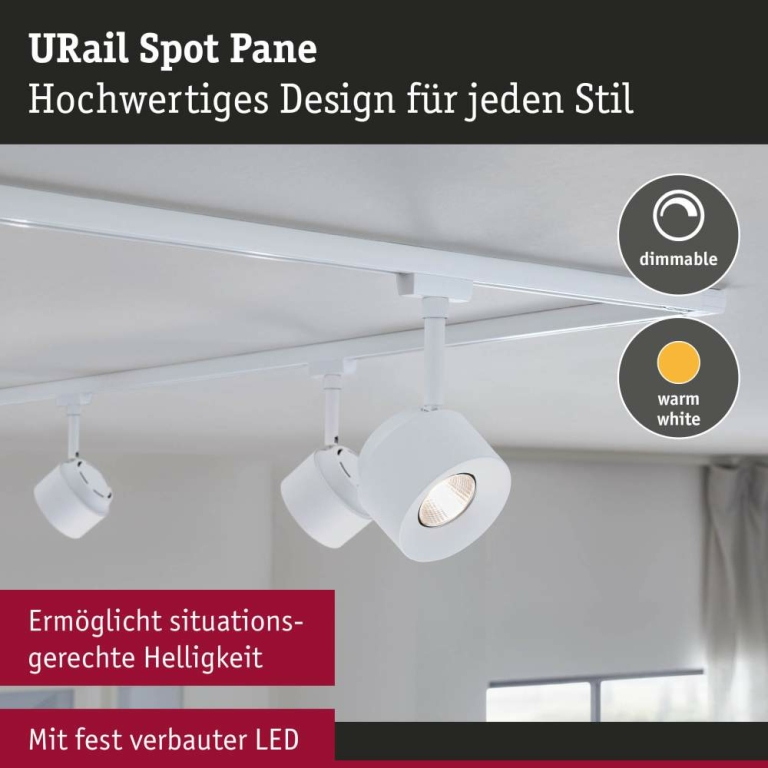 Paulmann URail LED Schienenspot Pane   650lm 7,4W 3000K dimmbar 230V Signalweiß