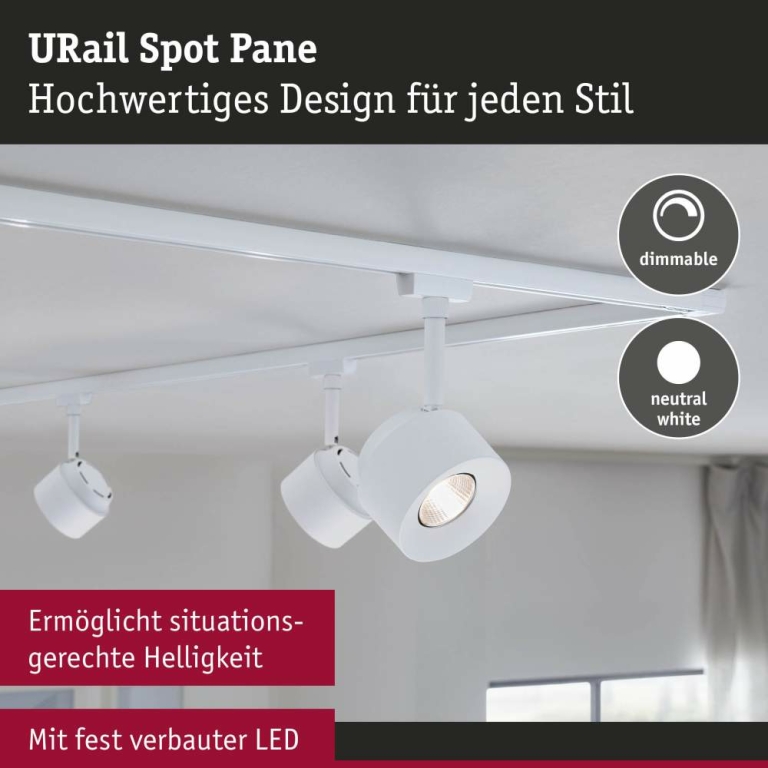 Paulmann URail LED Schienenspot Pane   680lm 7,4W 4000K dimmbar 230V Signalweiß