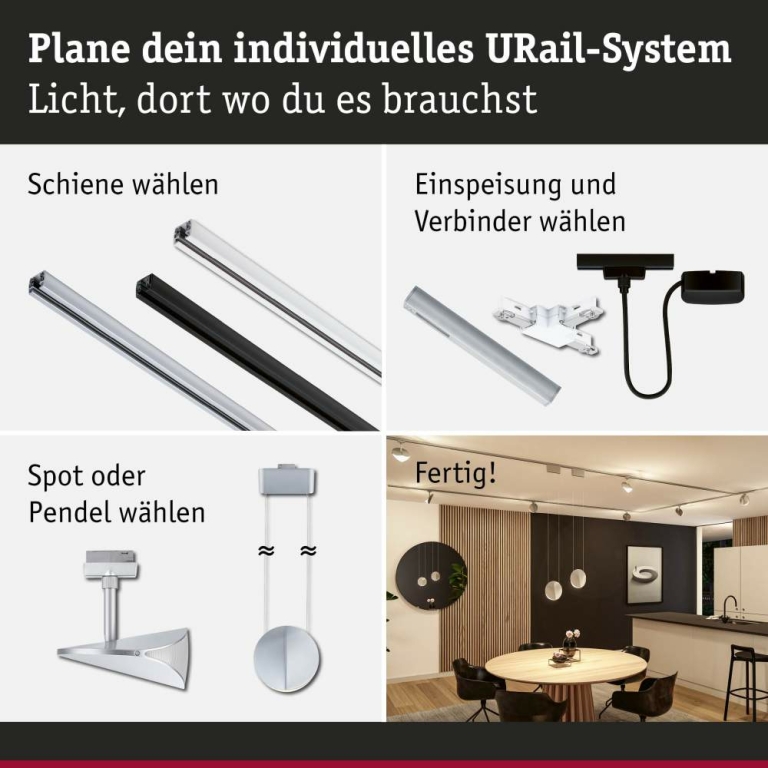 Paulmann URail LED-Pendelleuchte Alejandro 10W 800lm 3000K 3-Step-Dim dimmbar Chrom matt (LED fest verbaut)