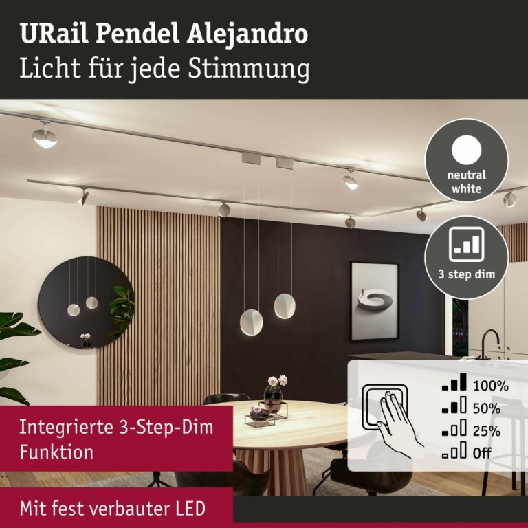 Paulmann URail LED-Pendelleuchte Alejandro 10W 800lm 4000K 3-Step-Dim dimmbar Schwarz matt (LED fest verbaut)