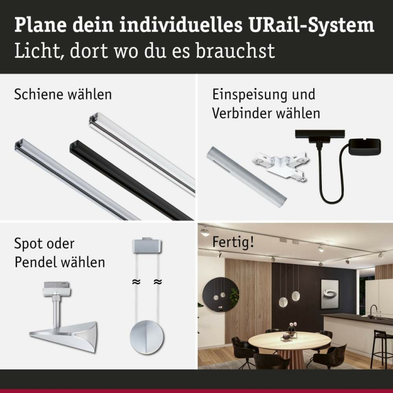 Paulmann URail LED-Pendelleuchte Alejandro 10W 800lm 4000K 3-Step-Dim dimmbar Schwarz matt (LED fest verbaut)