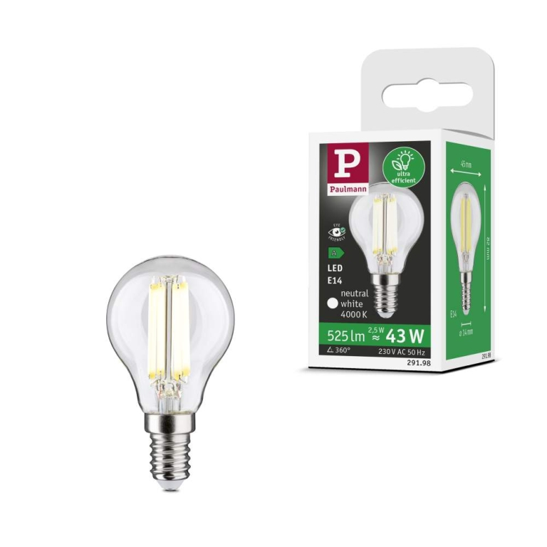 Paulmann Eco-Line Filament 230V LED Tropfen E14 1er-Set  82mm 525lm 2,5W 4000K  Klar