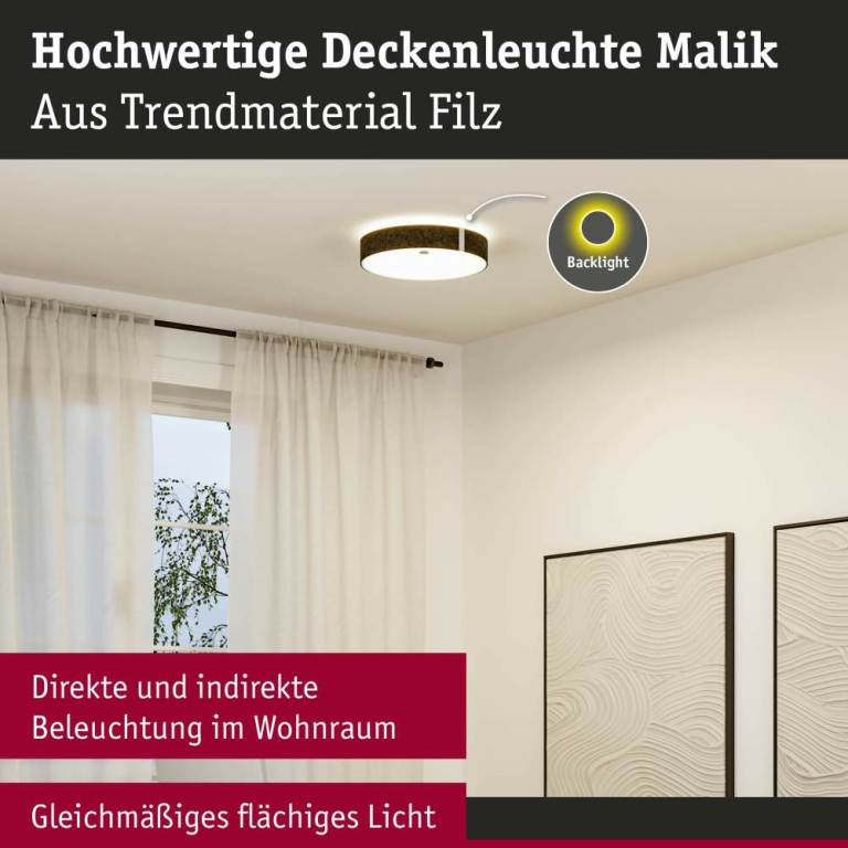 Paulmann Zigbee LED-Deckenleuchte Malika aus Filz in Anthrazit mit Backlight Technik Smart Home Tunable-White-Steuerung dimmbar 230V