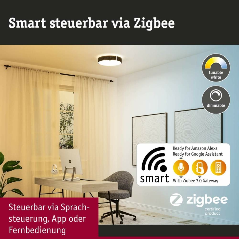 Paulmann Zigbee LED-Deckenleuchte Malika aus Filz in Anthrazit mit Backlight Technik Smart Home Tunable-White-Steuerung dimmbar 230V
