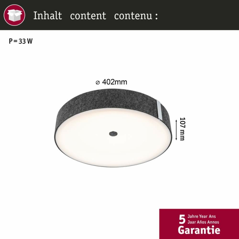 Paulmann Zigbee LED-Deckenleuchte Malika aus Filz in Anthrazit mit Backlight Technik Smart Home Tunable-White-Steuerung dimmbar 230V