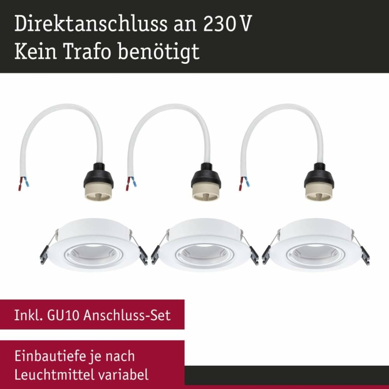 Paulmann Einbauleuchte 3er-Pack schwenkbar  rund 90mm 30° GU10 max. 3x10W  230V dimmbar  Weiß