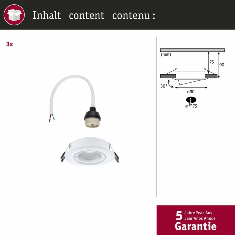 Paulmann Einbauleuchte 3er-Pack schwenkbar  rund 90mm 30° GU10 max. 3x10W  230V dimmbar  Weiß