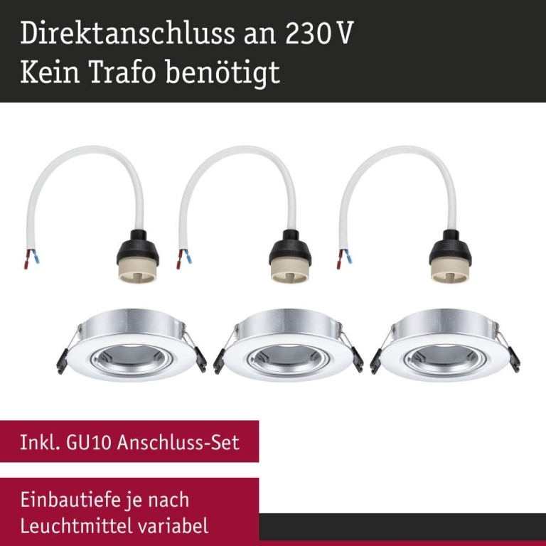 Paulmann Einbauleuchte 3er-Pack schwenkbar  rund 90mm 30° GU10 max. 3x10W  230V dimmbar  Chrom matt