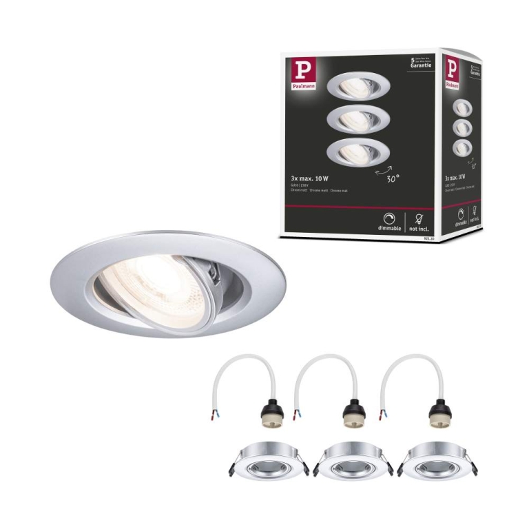 Paulmann Einbauleuchte 3er-Pack schwenkbar  rund 90mm 30° GU10 max. 3x10W  230V dimmbar  Chrom matt