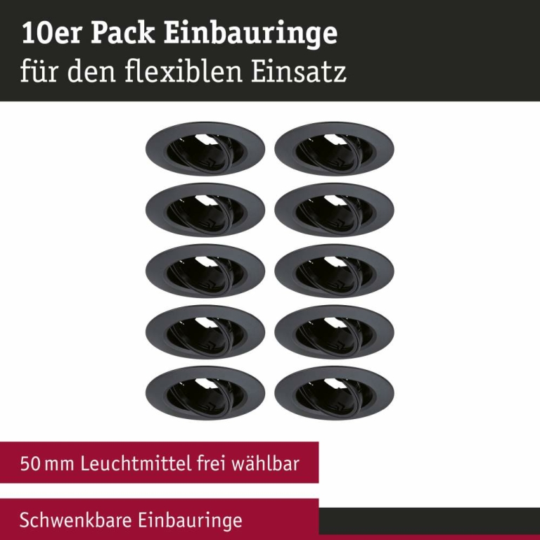 Paulmann Einbauleuchte 10er-Pack schwenkbar  rund 90mm 30° GU10 max. 10x10W  230V dimmbar  Schwarz