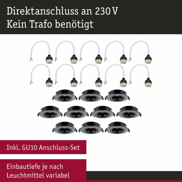 Paulmann Einbauleuchte 10er-Pack schwenkbar  rund 90mm 30° GU10 max. 10x10W  230V dimmbar  Schwarz