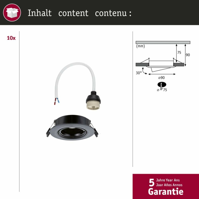 Paulmann Einbauleuchte 10er-Pack schwenkbar  rund 90mm 30° GU10 max. 10x10W  230V dimmbar  Schwarz