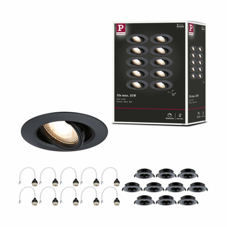 Paulmann Einbauleuchte 10er-Pack schwenkbar  rund 90mm 30° GU10 max. 10x10W  230V dimmbar  Schwarz