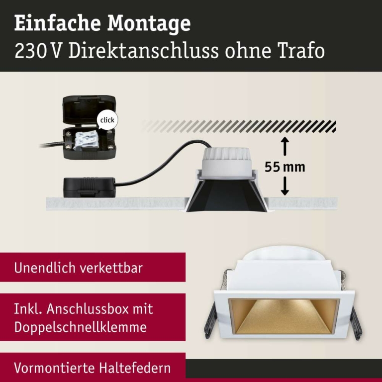 Paulmann Cole Coin Basisset 3er-Set Weiß/Gold matt eckig LED Einbauleuchte IP44 3-Step-Dim 2700K 470lm 230V