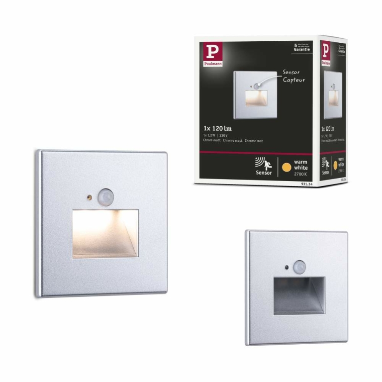 Paulmann LED Wandeinbauleuchte Edge Quadro Chrom matt eckig 2700K mit PIR-Sensor für Geräteeinbaudose mit ⌀ 68mm