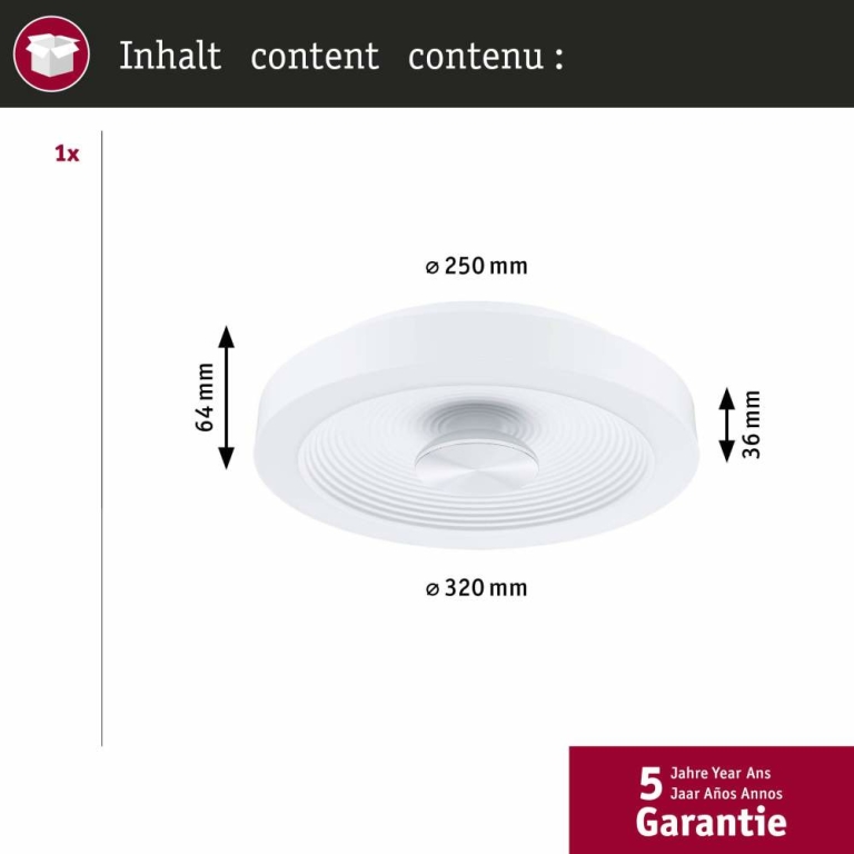 Paulmann LED Deckenleuchte Volea Weiß/Silber 470lm / 1650lm 3,5 / 1x13W IP44 3000K dimmbar