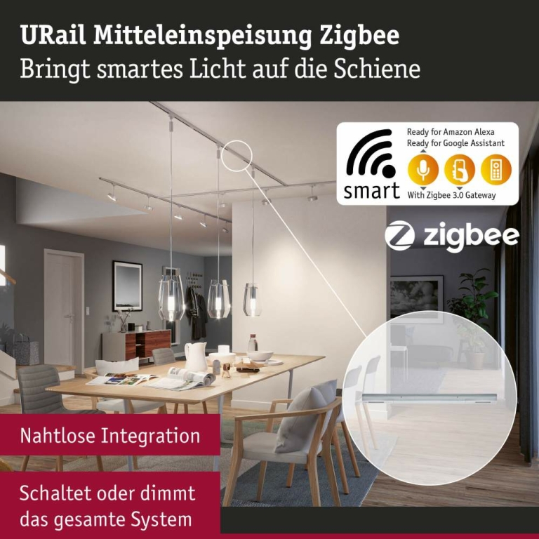 Paulmann URail Mittel-Einspeisung Zigbee Chrom matt in Optik & Dimension der Urail-Schiene max. 100W