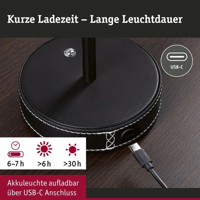 Paulmann Mobile Akku-Tischleuchte Pellini Schwarz matt in Lederoptik mit USB-C White Switch Dimmbar via Touch-Schalter Höhe 33cm