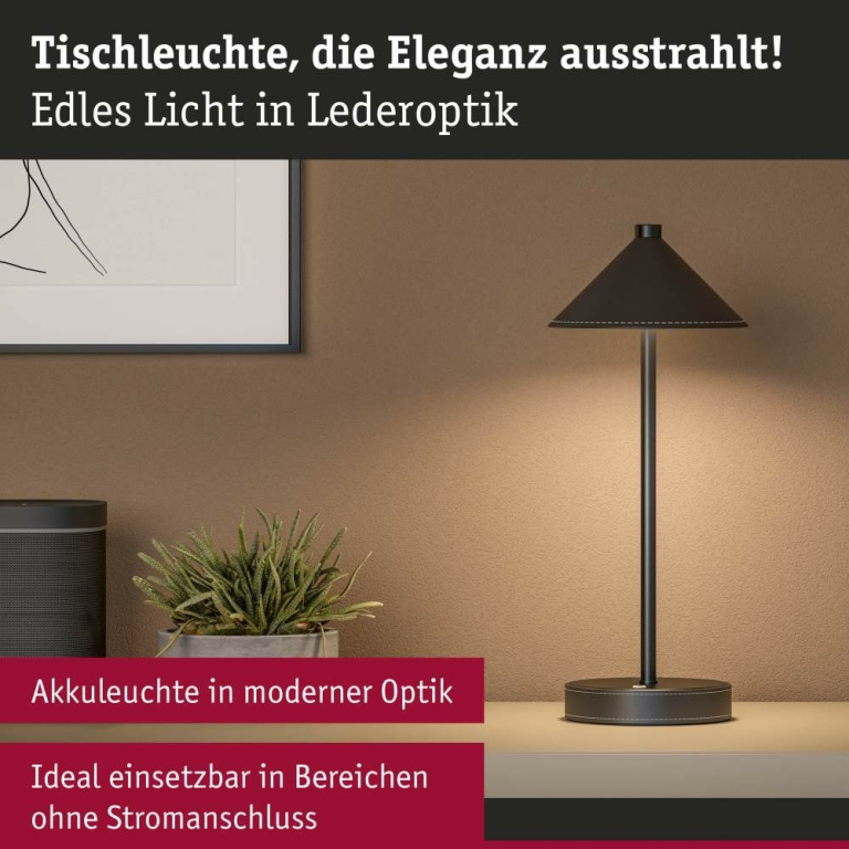 Paulmann Mobile Akku-Tischleuchte Pellini Schwarz matt in Lederoptik mit USB-C White Switch Dimmbar via Touch-Schalter Höhe 37cm