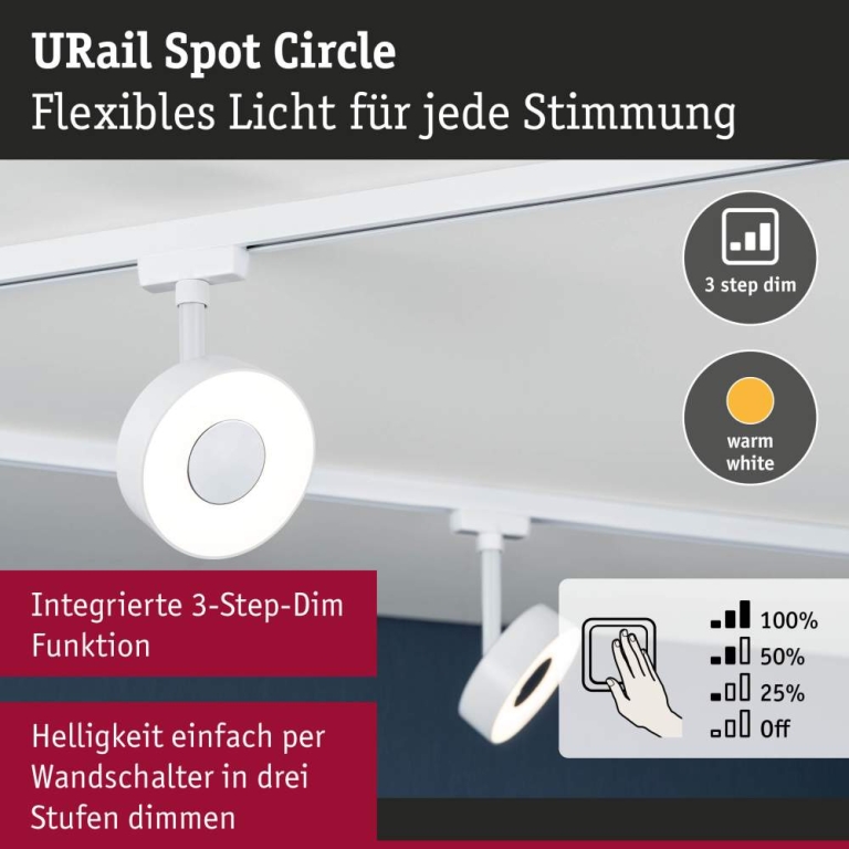 Paulmann URail LED Schienenspot 3-Step-Dim Circle Einzelspot  210lm 5W 3000K dimmbar 230V Signalweiß
