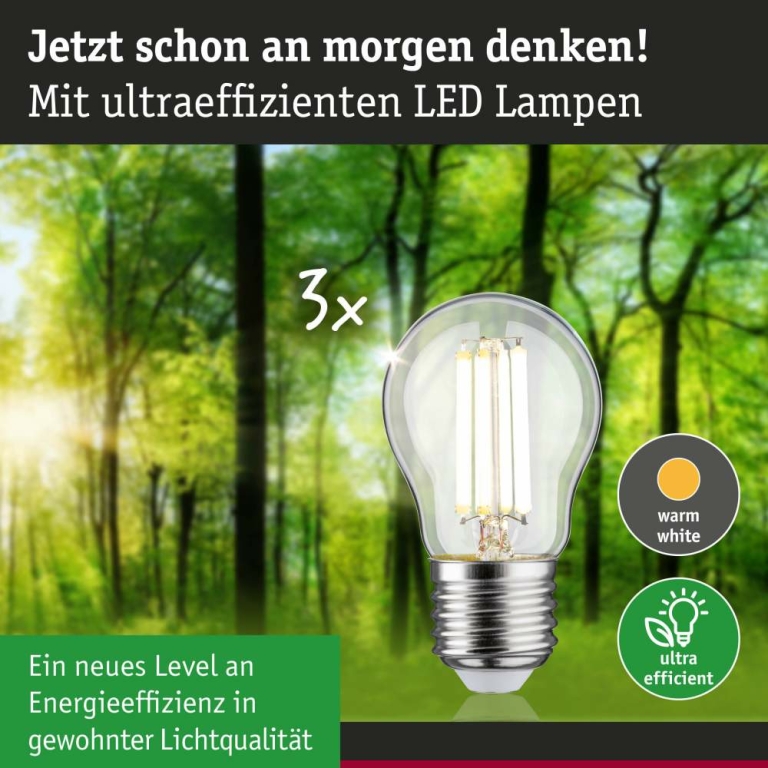 Paulmann Eco-Line Filament 230V LED Tropfen E27 3er-Set  80 mm 525lm 2,5W 3000K  Klar