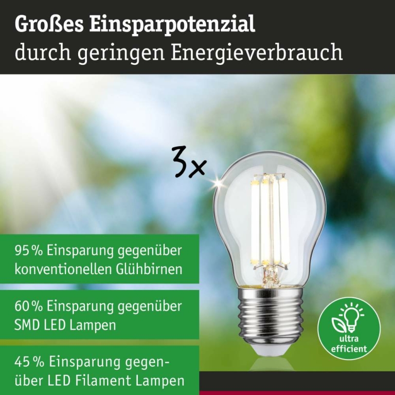 Paulmann Eco-Line Filament 230V LED Tropfen E27 3er-Set  80 mm 525lm 2,5W 3000K  Klar
