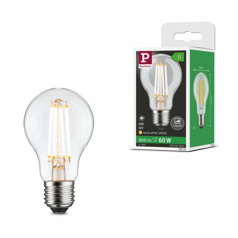 Paulmann Eco-Line Filament 230V LED Birne E27 Einzelleuchte  806lm 4,3W 3000K dimmbar Klar