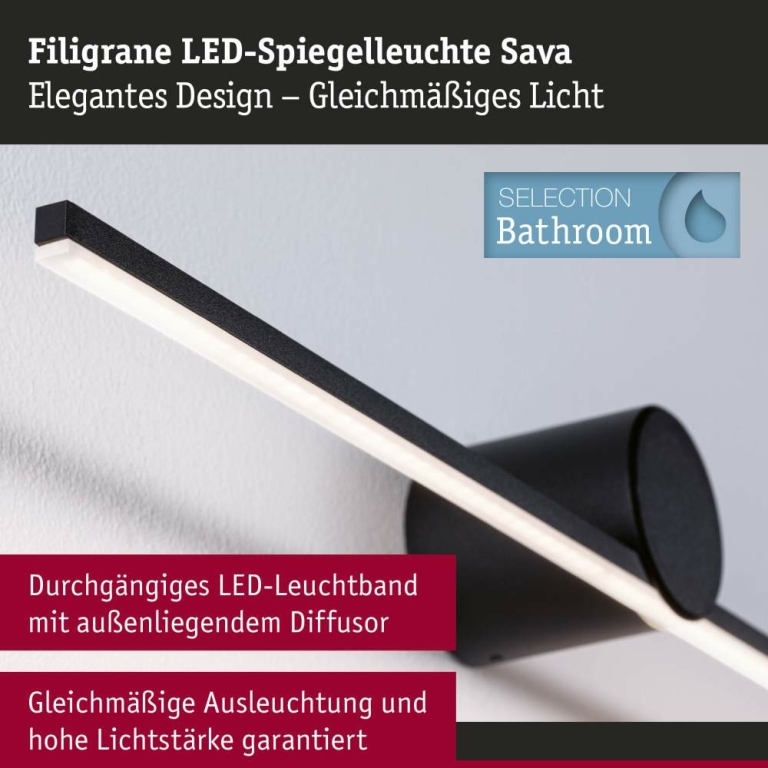 Paulmann LED Spiegelleuchte Sava  IP44  3000K 300lm 230V 5W  Schwarz matt