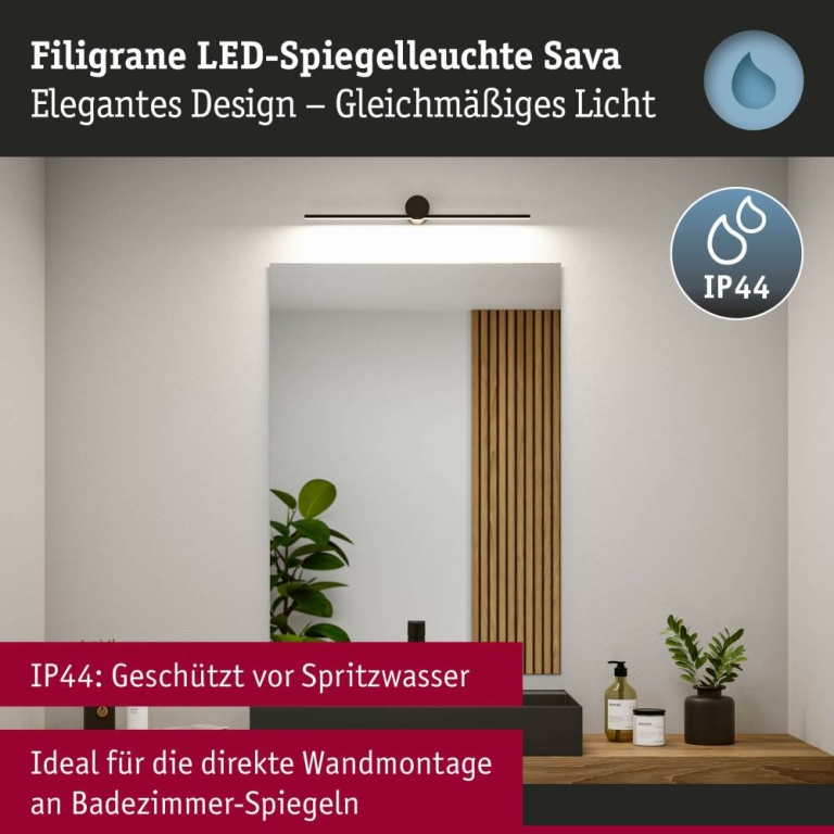 Paulmann LED Spiegelleuchte Sava  IP44  3000K 300lm 230V 5W  Schwarz matt