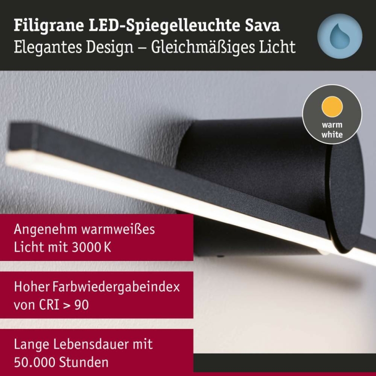 Paulmann LED Spiegelleuchte Sava  IP44  3000K 300lm 230V 5W  Schwarz matt