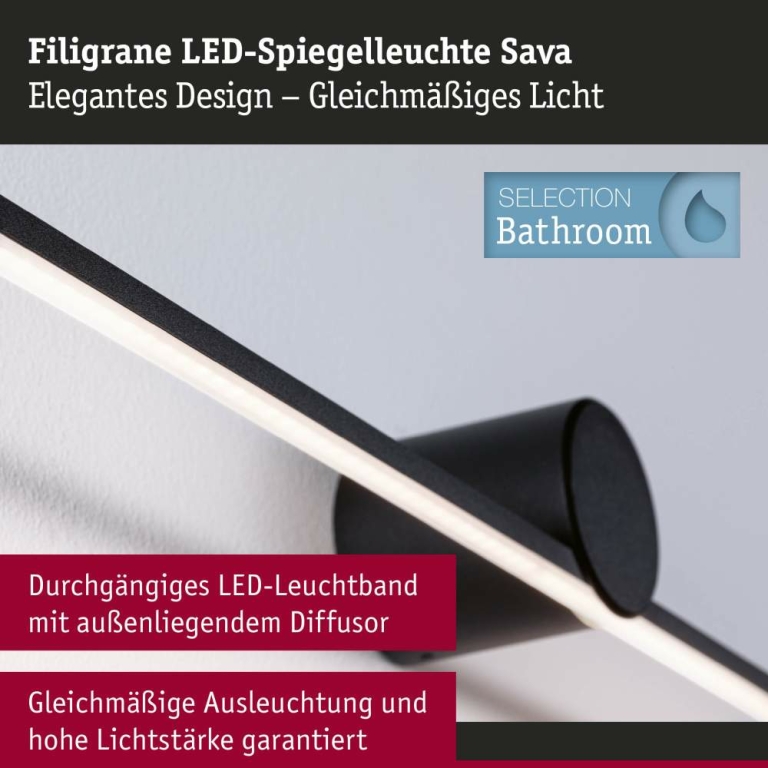 Paulmann LED Spiegelleuchte Sava  IP44  3000K 500lm 230V 7,5W  Schwarz matt
