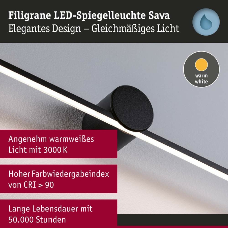 Paulmann LED Spiegelleuchte Sava  IP44  3000K 500lm 230V 7,5W  Schwarz matt
