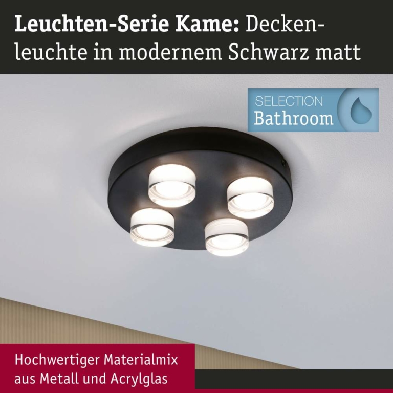 Paulmann Selection Bathroom Wand-/Deckenleuchte Kame IP44  3000K 4x2000lm 230V 4x4,2W  Signalschwarz