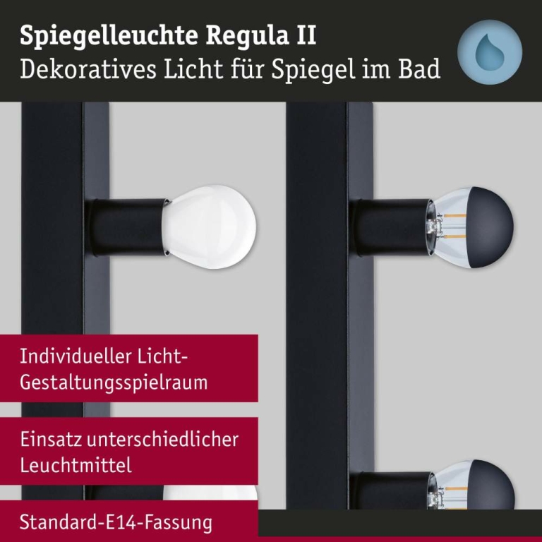 Paulmann Spiegelleuchte Regula II  IP44 E14   230V max. 3x40W dimmbar Schwarz