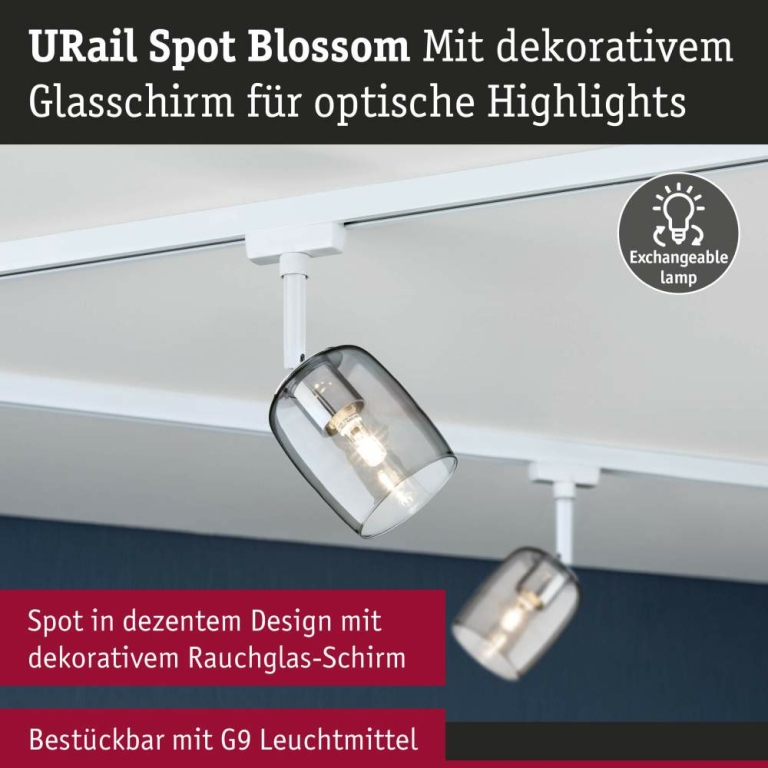 Paulmann URail Schienenspot Blossom  G9  max. 10W  dimmbar 230V Signalweiß Rauchglas