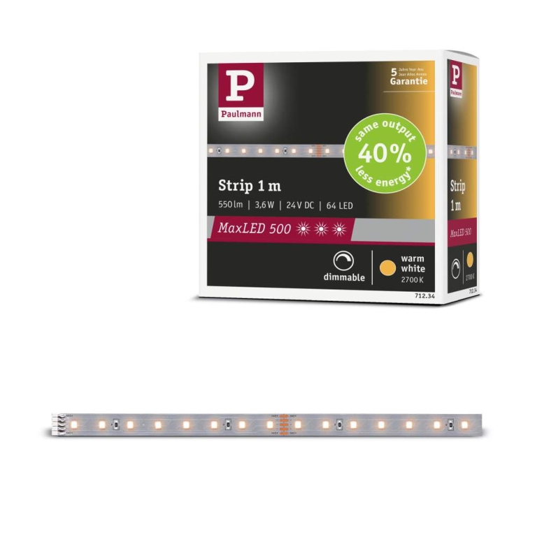 Paulmann MaxLED 500 LED Strip Warmweiß Einzelstrip  1m   3,6W 550lm/m 64 LEDs/m 2700K