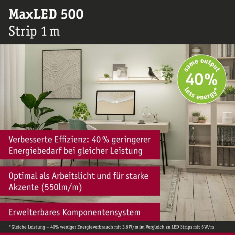 Paulmann MaxLED 500 LED Strip Warmweiß Einzelstrip  1m   3,6W 550lm/m 64 LEDs/m 2700K